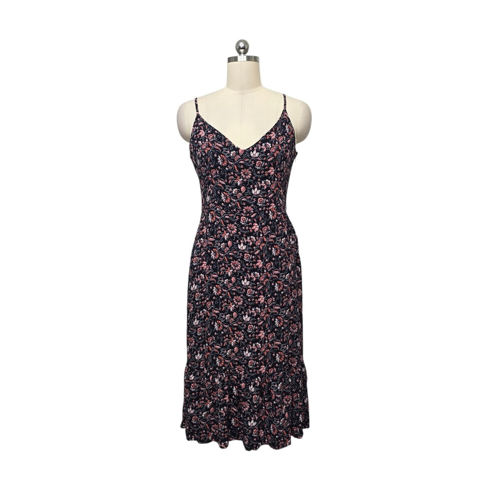Sanctuary‎ Women Navy Pink Floral Rayon Midi Dress V-Neck Ruffle Women's Size 6